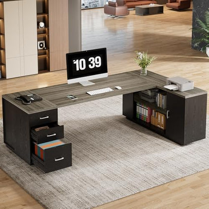 Tribesigns 85.8-Inch L-Shaped Executive Desk, Grey & Black - color: Grey & Black