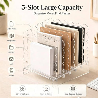 AmazingSpark Acrylic File Organizer for Desk, 5-Slot Acrylic File Sorter with Scalloped Edge, Clear Desktop Holder for Folders, Documents, Notebooks, Clipboards and Mail for Home, Office and School
