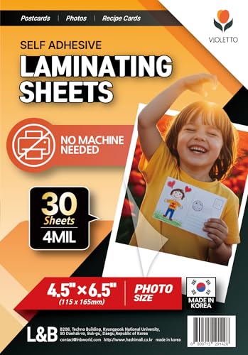 VIOLETTO Self-Adhesive Laminating Sheets, 4 x 6 in, 4mil, No Heat, 30 Pack | 30 self-adhesive cold laminating sheets, 4x6 photo size, 4 mil. No machine or heat needed; peel and stick to protect. - size: Photo Size 30 Pack