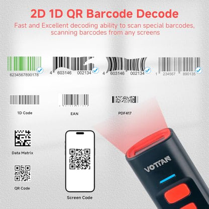 VOTTAN Bluetooth QR Barcode Scanner with Charge Stand, 1D 2D PDF417 UPC Pocket Bar Code Reader, 3-in-1 Rechargeable Automatic Scan Wireless Barcode Scanner for POS, PC, iOS, Android