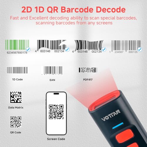 VOTTAN Bluetooth QR Barcode Scanner with Charge Stand, 1D 2D PDF417 UPC Pocket Bar Code Reader, 3-in-1 Rechargeable Automatic Scan Wireless Barcode Scanner for POS, PC, iOS, Android