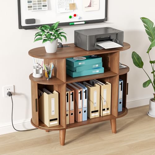 Fiogmub Round Printer Stand with Charging Station & USB Ports - color: Walnut