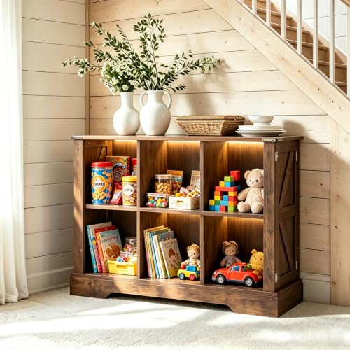 6 Cube Storage Organizer, Wood Cube Bookshelf with LED Lights, Horizontal Storage Cubes, Kids Bookshelf, Display Cabinet Cubby Shelf for Living Room Home Office Bedroom, Brown - color: Brown, size: 6