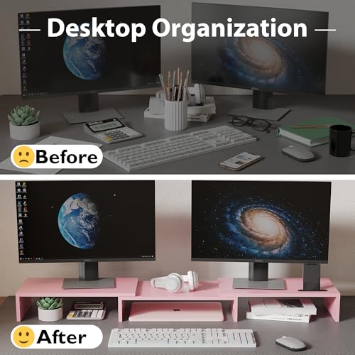 BONTEC Dual Monitor Stand Riser, Adjustable Length & Swivel Angle, Pink - color: Pink, size: 42.5 in