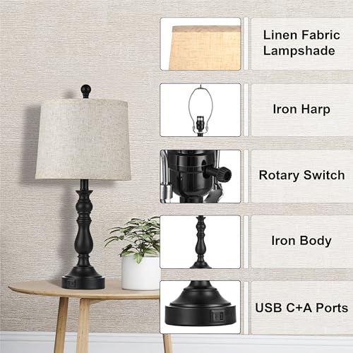 Black Table Lamps Set of 2, Black Lamps for Bedroom, USB C+A Ports - color: A.Beige, Black