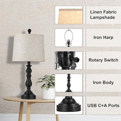 Black Table Lamps Set of 2, Black Lamps for Bedroom, USB C+A Ports - color: A.Beige, Black