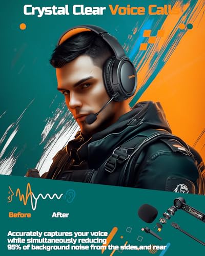BINNUNE Wireless Gaming Headset — 2.4GHz Low-Latency USB Dongle + Bluetooth, 50mm Drivers 7.1 Surround, Noise-Cancelling Mic, 40H Battery — Over Ear Wireless Headphones for PS5, PC, Laptop, Orange - color: Orange