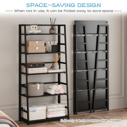 JSB 5 Tier Bookshelf, No Assembly Folding Ladder Bookshelf, 51.6in Tall Foldable Ladder Shelf, Bookcase for Home Office, Living Room,Space-Saving (All Black, 5 Tier) - color: All Black