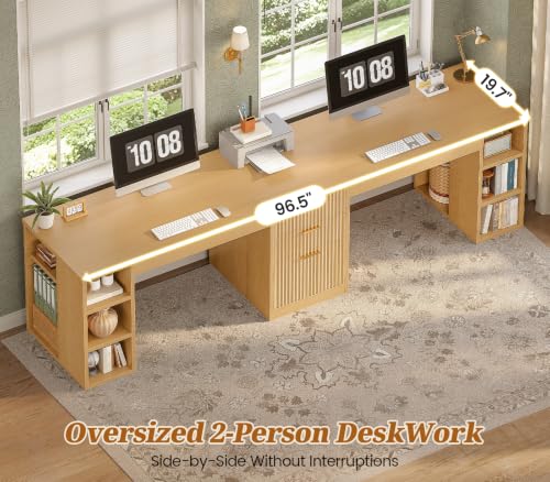 SEDETA Fluted 96.5" Computer Desk with Drawers, 2 Person Home Office Desk, Gaming Double Desk with Storage Shelves, Long Two Person Writing Desk, Natural - color: Fluted Natural