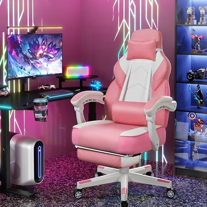 Big and Tall Gaming Chair for Adults, 330lbs Heavy Duty Computer Chair with Footrest & Massage Lumbar Support, Wide Seat High Back Reclining Desk Chair, 360° Swivel, Pink - color: Pink
