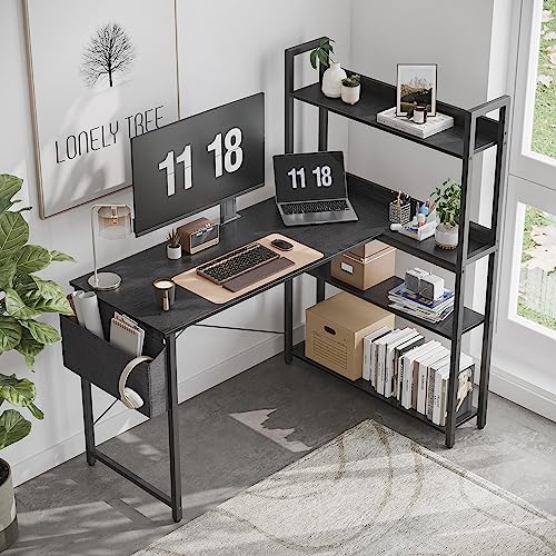 Treesland 55 Inch Small L Shaped Desk, Corner Desk with Bookshelf, Home Office Desk, Writing Study Desk for Bedroom, Black - color: Black, size: 55 inch