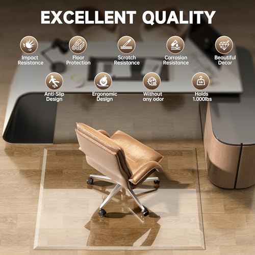 [Tempered Glass] 50“ x 44” Beveled Edge Glass Chair Mat with Polished Edge Clear Office Chair Mat, Glides Smoothly, Suitable for Carpet or Hardwood Floors - size: 50“x44”