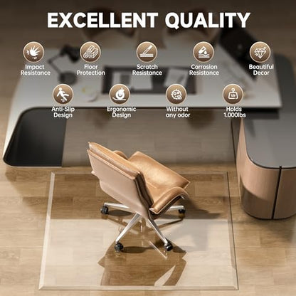 [Tempered Glass] 50“ x 44” Beveled Edge Glass Chair Mat with Polished Edge Clear Office Chair Mat, Glides Smoothly, Suitable for Carpet or Hardwood Floors - size: 50“x44”