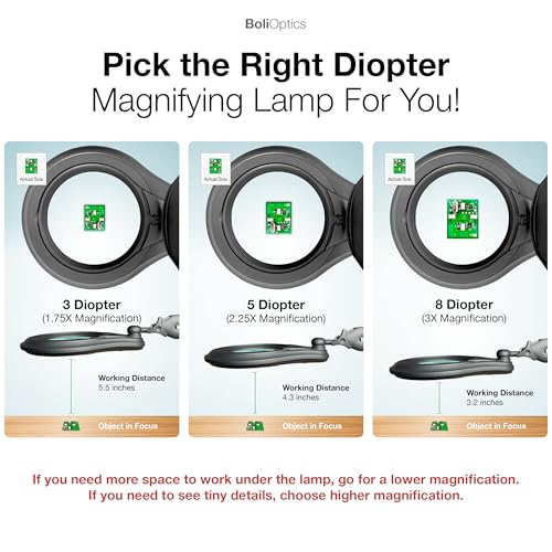 ESD Safe (Glass Lens) Professional LED Magnifying Lamp with Clamp (8 Diopter, 3X) Work Light, 4 Brightness Levels, Daylight Bright, 1200 Lumens, 5600K-6000K, Matte Black, BoliOptics MG16303322