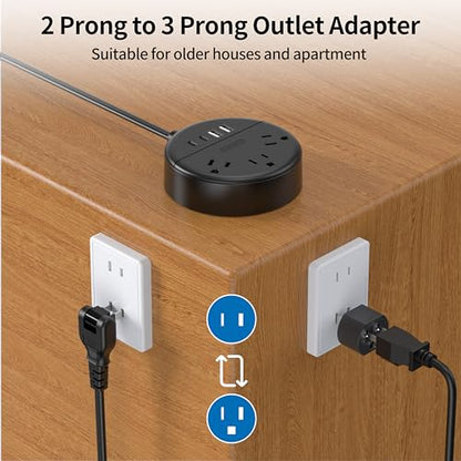 2 Prong Power Strip with 10ft Extension Cord, NTONPOWER 1875W/15A, 180° Rotating Plug, 2 Prong to 3 Prong Outlet Adapter, Wall Mountable, 3 AC Outlets & 2 USB A & 2 USB C, Ideal for Older House Office - size: 10ft
