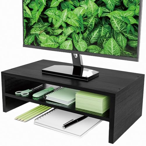 Simple Trending 2-Tier Monitor Stand Riser, Desk Storage Organizer, Black | Wood Desktop Stand for PC/TV, Laptop & Printer Stand, Premium MDF Material, Anti-Slip Pads, Waterproof, 16"W x 9"D x 5.5"H - size: 16"W x 9"D x 5.5"H
