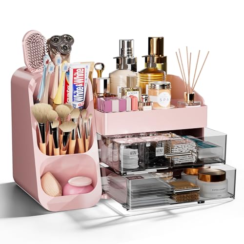 Makeup Organizer with Drawers for Vanity Bathroom Counter Organizers and Storage, Large Skincare Organizer with Brush Toothbrush Holder for Perfume, Nail Polish, Dresser, Office Supplies, Pink - color: Pink