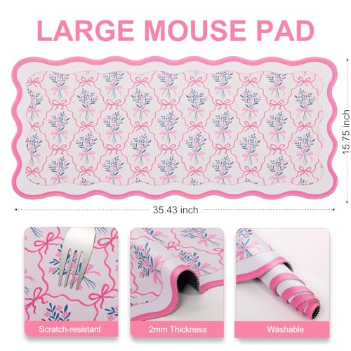 L-SPOUTTO Pink Floral Mouse Pad,Cute Scalloped Desk Mat XXL Gaming Mousepad | Girly Bow Large 35.4x15.7in Non-Slip Rubber Base Keyboard Pad Waterproof Desktop Mat for Laptop Computer Game Home Office - color: Flowers with Bow