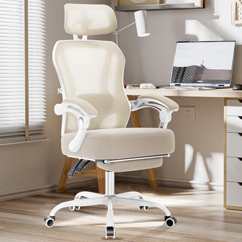 Ergonomic Office Chair with Footrest,Ultra Thick Desk Chair,Cream - color: Cream
