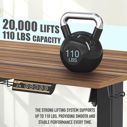 SHW Mobile Electric Height Adjustable Standing Desk w/Drawer, Black | 40" Wide Top | w/ Memory Presets and Cable Management | Drawer with adjustable compartments | Hanging Hooks - color: Walnut