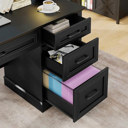 Vabches Farmhouse 47" Executive Desk with Charging Station, Pure Black. | Computer Desk with Drawers, Workstation Computer Desk with File Drawer for Home Office,Study. - color: Pure Black