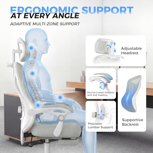 CYKOV Ergonomic Office Chair with Footrest - Adjustable Lumbar Support & Headrest, 90-135° Reclining Mesh Back Computer Chair - Home Office/Gaming, 350lbs Capacity - color: Light Grey