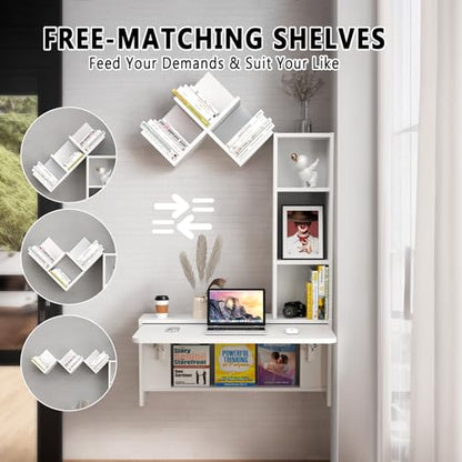 Folding Wall Mounted Drop Leaf Table, Foldable Desk with Moveable Cabinets, Floating Laptop with Convertible Storage Shelves, Multifunctional Computer Workstation in Home for Space Saving - color: White
