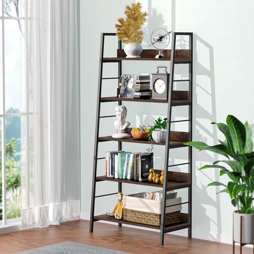 Himimi Industrial Bookshelf,Ladder Shelf 5 Tier Large Bookcases Floor Freestanding Storage Rack Leaning Book Shelves,Plants Flower Stands with Metal Frame for Living Room, Home Office, Rustic Brown - color: Brown, size: Large