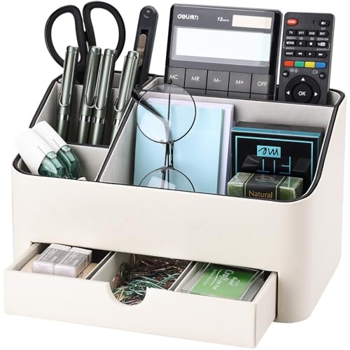 PU Leather Desk Organizer with Drawer, 5 Compartments Desktop Storage Caddy for Office Home Supplies, Pen Holder for Remote Control, Phone & Accessories, Mail Organizer Countertop Ivory White - color: Ivory White