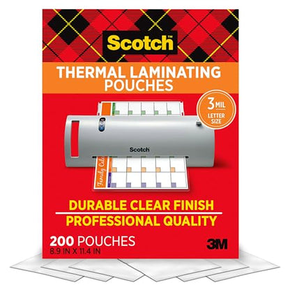 Scotch Thermal Laminating Pouches, 200 Count, Clear, 3 mil. | Ideal Office or School Supplies, Fits Letter Sized Paper (8.9 in. × 11.4 in.) - size: 200-Pack