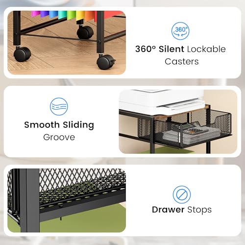 Cawukege 3 Tier Printer Stand, Small Mobile Table with Wheels, Printer Shelf Rolling Cart with Storage Desk Organizer Hanging File for Office Home, Brown - color: Brown
