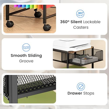 Cawukege 3 Tier Printer Stand, Small Mobile Table with Wheels, Printer Shelf Rolling Cart with Storage Desk Organizer Hanging File for Office Home, Brown - color: Brown