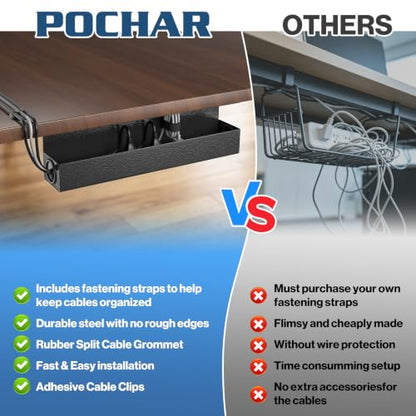 POCHAR Under Desk Cable Management Tray, 16.5" Extended Wire Organizer | Slim 3" Profile Steel Power Strip Holder, Screw-Mount Cord Hider for Wide Standing Desk Home Office - size: 16.5 inch
