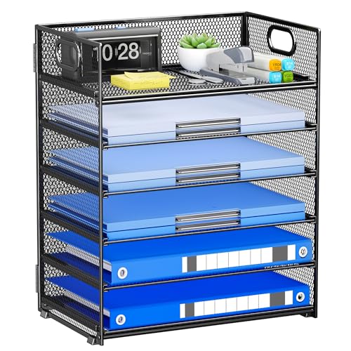 6-Tier Paper Organizer for Desk with Handle | Heavy Duty Metal File Organizer, Stackable Desktop Organizer for Office Supplies, Documents and Stationery Storage - color: Black, size: 12.6" x 9.1" x 13.5"