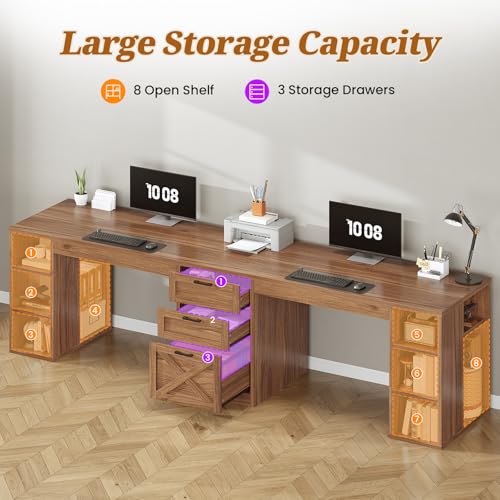 SEDETA Farmhouse 96.5" 2 Person Computer Desk with Drawers for Home Office | Gaming Double Desk with Storage Shelves, Long Two Person Writing Desk, Brown - color: Brown