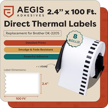 Replacement for Brother DK-2205 (8 Rolls, 800 Ft Total) 2.4" Continuous - size: 2.4" X 100 Ft. - 2205