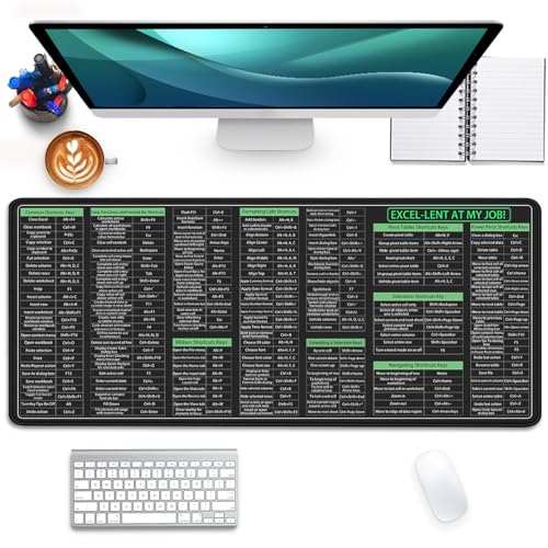 Large Extended Excel Shortcuts Mouse Pad Desk Pad,Excel Software Excel Shortcuts Mouse Mat,Stitched Edges Non-Slip Waterproof Rubber Base Mousepad for Office Desk Mat(27.5X11.8 in) - color: Excel Shortcut Key