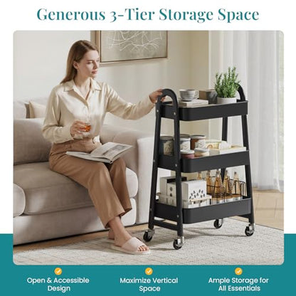 OLIXIS Metal 3 Tiers Rolling Storage Utility Cart with Lockable Wheels - color: Black, size: 3-Tiered 17 inches