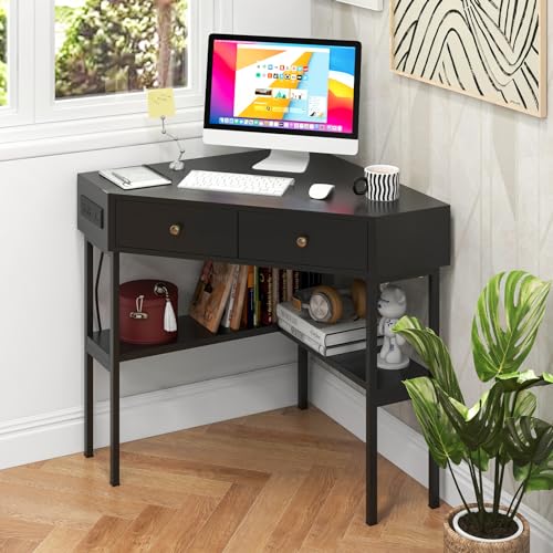 Tangkula Corner Desk with 2 Drawers & Built-in Charging Station, 90 Degrees Triangle Computer Desk for Small Space, Bedroom Makeup Vanity Desk with Storage Shelves, Corner Writing Desk