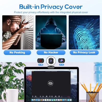 4K Webcam with Ring Light & Built-in Microphone for PC Streaming - size: 3.40 inch