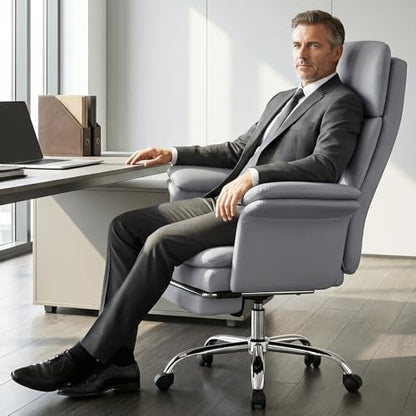 Comfortable Home Office Chair with Footrest 400lbs, Premium PU Leather Office Chair with High Back Adjustable Lumbar Support Double-Layered Armrests,Reclining Chairs,Gray - color: Grey