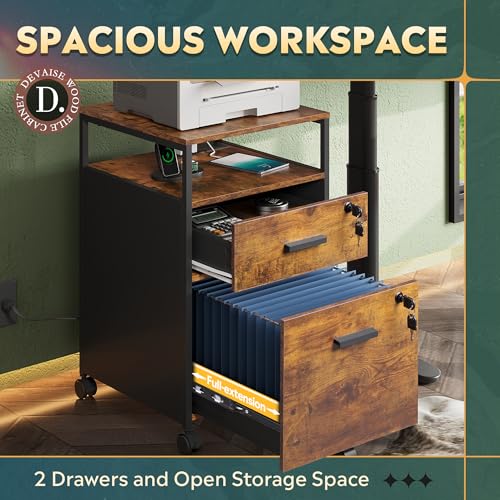 DEVAISE 2 Drawer File Cabinet with Lock, Charging Station, Brown | Adjustable Shelf, Rustic Wood Filing Cabinet, Mobile Printer Stand for A4/Letter Size Home Office - color: Rustic Brown, size: 2 Drawer