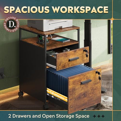 DEVAISE 2 Drawer File Cabinet with Lock, Charging Station, Brown | Adjustable Shelf, Rustic Wood Filing Cabinet, Mobile Printer Stand for A4/Letter Size Home Office - color: Rustic Brown, size: 2 Drawer