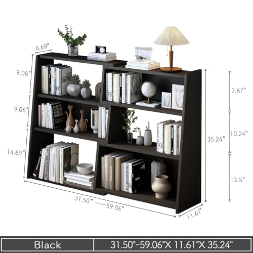 IOTXY Wooden Extendable Shelf Bookcase, 3-Tier Low Bookshelf, Black, L | Adjustable Two-piece Design, 6 Open Cubbies, Extends 31.5"-59.1" for Straight Walls, Corners, and Small Spaces - color: Black, size: Large