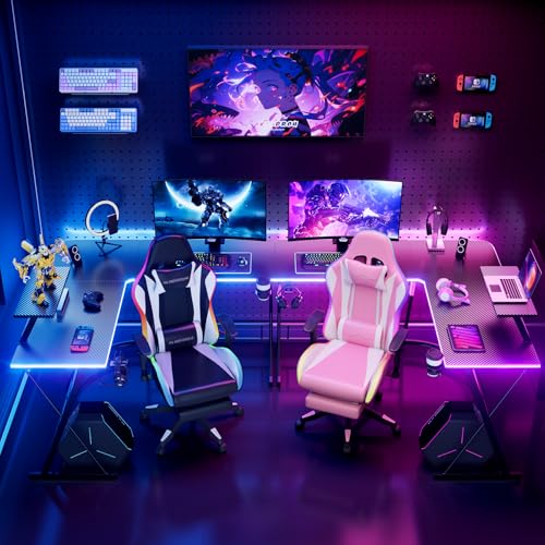 Mr IRONSTONE Gaming Desk with LED Lights and Speakers, L Shaped Desk Corner with Cup Holder & Headphone Hook, Computer Desk Home Office Desks with Monitor Stand, Carbon Fiber Surface, Black 51 Inch - color: Infinite Black, size: 51Inch