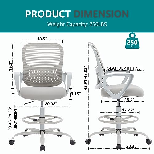 DUMOS Ergonomic Drafting Chair, Tall Office Chair for Standing Desk - color: Dove Gray, size: 18.49"D