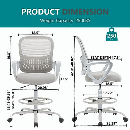 DUMOS Ergonomic Drafting Chair, Tall Office Chair for Standing Desk - color: Dove Gray, size: 18.49"D