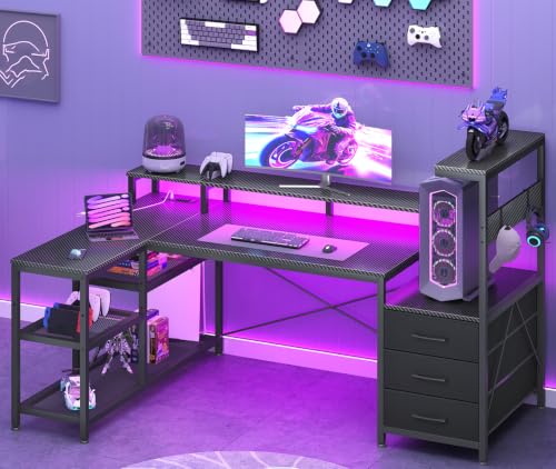 55” L Shaped Gaming Desk with Drawers & CPU Stand for Gamer, Black | Corner Computer Desk with Storage Shelves, LED Lights & Outlet, Reversible Gamer Desk with Monitor Stand & Hooks, Home Office - color: Black