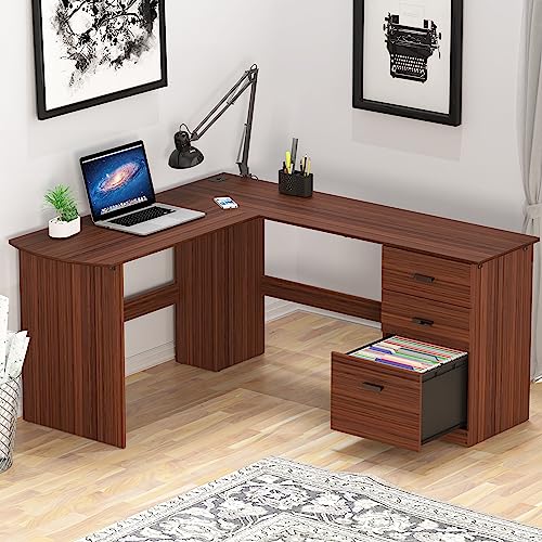 SHW L-Shaped Home Office Wood Corner Desk w/Box Box File Drawers, Walnut - color: Walnut