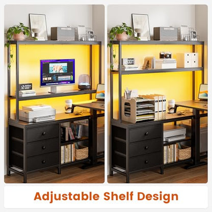 REAHOME 65Inch Black L Shaped Standing Desk with Drawers and Hutch | Charging Station, RGB LED lights, Reversible Desk, File Drawer& Storage Cabinet for home office, Dual Motor Sit Stand Frame - color: Black
